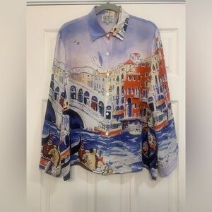 Vintage Michael Leu Silk Venice Italy Print Long Sleeve XL Blouse         2866-X